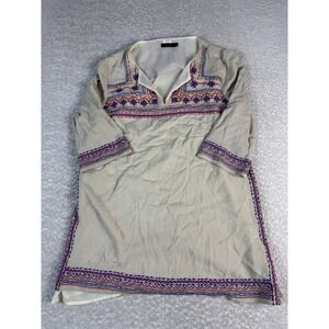 THML Dress Womens Medium Beige Embroidered Floral Boho Kaftan Tunic 3/4 Sleeve